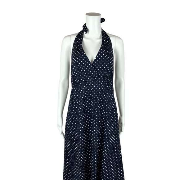 Lands End Polka Dot Dress Women's 14 Navy Blue Halter V-Neck Midi Sundress - Picture 2 of 9